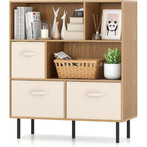 COSTWAY Bibliothèque 6 Cubes, Étagère 3 Niveaux, 3 Tiroirs Pliables Amovibles en Tissu, Kits Anti-basculement, Pieds en Métal, Organisateur de Rangement Moderne pour Salon, Bureau, Chambre (Naturel) (1/5)