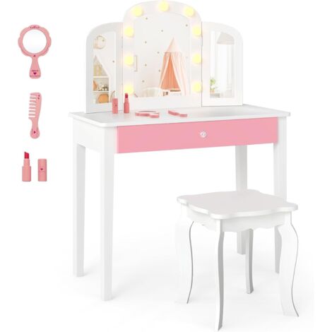 COSTWAY Coiffeuse Enfant Fille avec Chaise et Miroir Lumineux, Bureau Enfant Fille avec Tiroir & 3 Accessoires, Dispositif Anti-basculement, Table de Maquillage pour 3-12 Ans, Charge 50kg (Blanc)