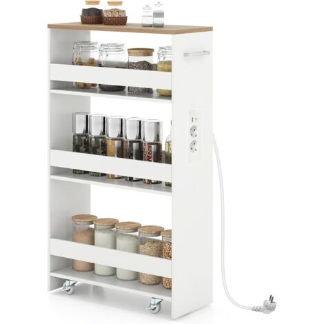 COSTWAY Chariot de Rangement Roulant 20 cm, Mltiprise avec Ports USB, Desserte de Cuisine à 4 Niveaux, roulettes avec Frein et Poignée Latérale, Design Étroit pour Petit Espace (Blanc + Naturel) (1/5)
