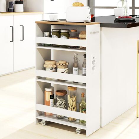 Chariot De Rangement Roulant 13 Cm, Mltiprise Avec Ports USB, Desserte De Cuisine (gris + Naturel) - Desserte