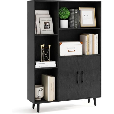 COSTWAY Bibliothèque avec 2 Portes et 5 Compartiments Ouverts, Armoire de Rangement, Vitrine Moderne avec Pieds en Métal, Rangement pour Salon, Salle à Manger, Cuisine, Bureau (Noir Veiné) (1/4)