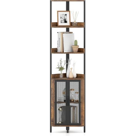 COSTWAY Étagère Angle, Bibliothèque avec Étagères Ouvertes et Placard, Double Porte en Grille, Kits Anti-Basculement, Style Industriel, Meuble de Rangement pour Salon, Chambre (Marron Rustique) (1/5)