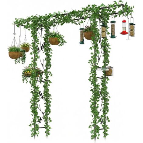 COSTWAY Arche de Jardin et Station de Suspension pour Mangeoires à Oiseaux 2 en 1, Treillis Arc Robuste avec Bol deau Plateau en Filet, Arche Décorative Extérieure pour Plantes Grimpantes (Noir) (1/5)