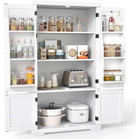 COSTWAY Armoire de cuisine haute, 139 cm Armoire à provisions avec 5 étagères réglables et 4 portes, buffet indépendant en bois, armoire de rangement pour salle à manger, salon, blanc