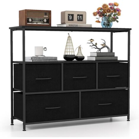 COSTWAY Commode Chambre 5 Tiroirs, Large Commode de Rangement, 2 Étagères Ouvertes en Bois, Cadre Métallique Robuste, Meuble de Rangement pour Entrée, Salon, Placard (Noir) (1/5)