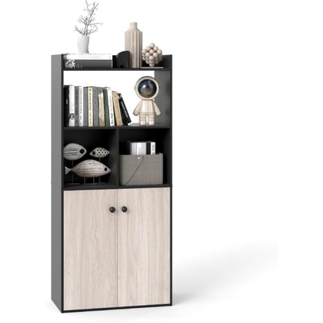 COSTWAY Bibliothèque, Armoire à Double Porte avec Étagère Ouverte, Dispositif Anti-basculement, Meuble de Rangement pour Salon, Bureau, Chambre, 60 x 30 x 140 cm (Noir) (1/5)