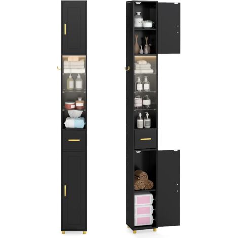 COSTWAY Meuble Colonne Salle de Bain avec LED, Meuble de Rangement Haut avec 3 Étagères en Verre Trempé Réglables, Armoire Salle de Bain Etroit pour Salon, Cuisine, 20 x 20 x 181 cm (Noir)