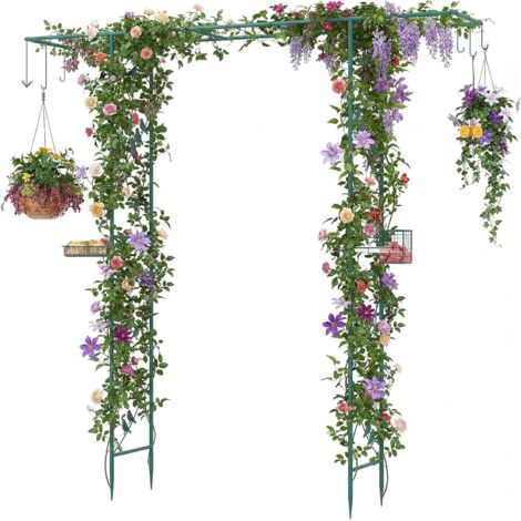 COSTWAY Arche de Jardin et Station de Suspension pour Mangeoires à Oiseaux 2 en 1, Treillis Arc Robuste avec Bol deau Plateau en Filet, Arche Décorative Extérieure pour Plantes Grimpantes (Vert) (1/5)