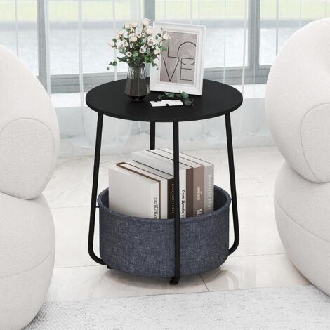 COSTWAY Petite Table Basse Ronde avec Panier en Tissu, Table dAppoint avec Rangement, Cadre en Métal, Design Moderne, pour Salon, Chambre, Bureau (Noir)