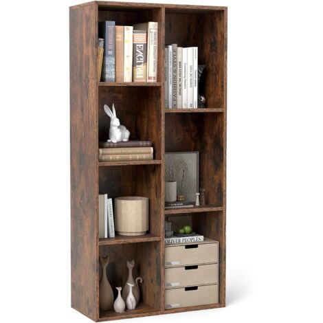 COSTWAY Étagère à 7 Cubes, Bibliothèque Indépendante Verticale ou Horizontale avec 7 Compartiments, Organisateur Cube avec 2 Kits Anti-basculement, pour Chabmre, Bureau, Salon (Marron Rustique) (1/5)