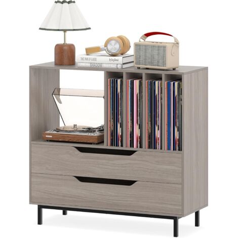 COSTWAY Meuble Vinyle avec 2 Tiroirs, Rangement Platine Vinyle 5 Compartiments, Support de Tourne-Disque pour CD/DVD, Grand Meuble HiFi pour Salon, Chambre (Gris chêne) (1/5)