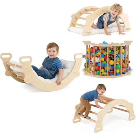 COSTWAY 3 en 1 Arche d’Escalade en Bois Enfant avec Coussin Moelleux, Arche à Bascule pour Grimper ou Se Reposer, Jouet darc descalade pour Chambre Salle de Jeux, Charge 30KG, 3 Ans+ (Naturel)