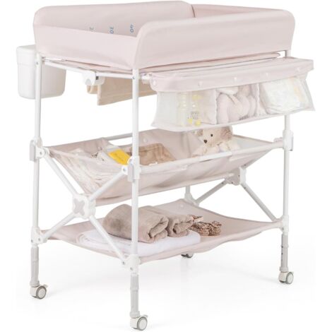 COSTWAY Table à Langer Pliante pour Bébé, Table à Langer Portable avec Roulettes Étagères Poubelle, Station Imperméable, Hauteur Réglable, Organiseur Mobile pour Nouveau-nés, Charge 11 kg (Beige)