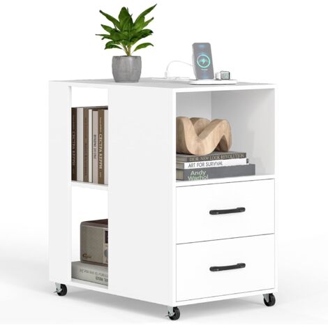 COSTWAY Table de Chevet, Table de Nuit avec roulettes, 2 Tiroirs, Étagères de Rangement, Station de Recharge Intégrée, Commode Chambre pour Chambre à Coucher, Salon, Bureau (1,Blanc) (1/5)