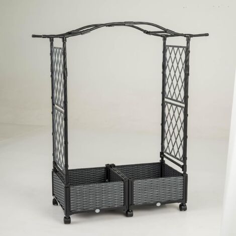 COSTWAY Jardinière avec 2 Treillis Latéraux Toit Suspendu, Lit de Jardin Surélevé à Arrosage Automatique en Rotin avec roulettes Verrouillables, pour Plantes Grimpantes Légumes (Gris) (1/5)