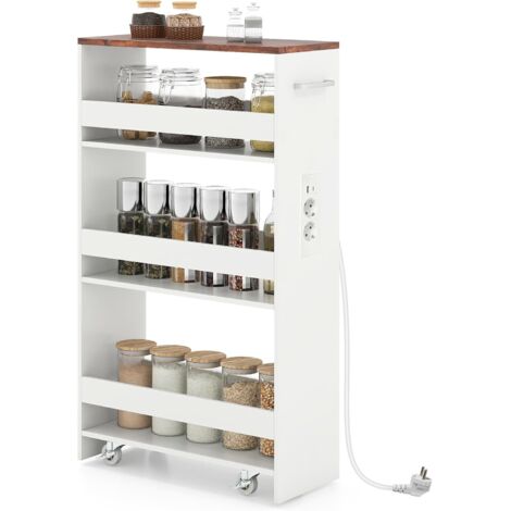COSTWAY Chariot de Rangement Roulant 20 cm, Mltiprise avec Ports USB, Desserte de Cuisine à 4 Niveaux, roulettes avec Frein et Poignée Latérale, Design Étroit pour Petit Espace (Blanc + Indstriel)