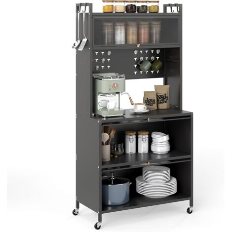 Costway – Meuble de cuisine à roulettes 5 niveaux – Étagère en métal avec portes battantes et 10 crochets – Dimensions 80 x 40 x 164 cm – Support micro-ondes gris