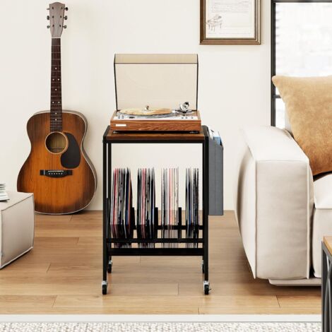 COSTWAY Meuble Tourne-Disque Vinyle 250 Albums - Support Platine Vintage Sur Roulettes Verrouillables - Style Rétro Bois Et Fer 52x45x75cm