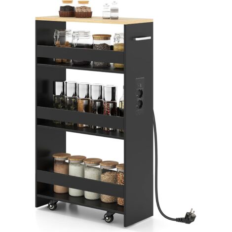 COSTWAY Chariot de Rangement Roulant 20 cm, Mltiprise avec Ports USB, Desserte de Cuisine à 4 Niveaux, roulettes avec Frein et Poignée Latérale, Design Étroit pour Petit Espace (Noir + Naturel) (1/5)