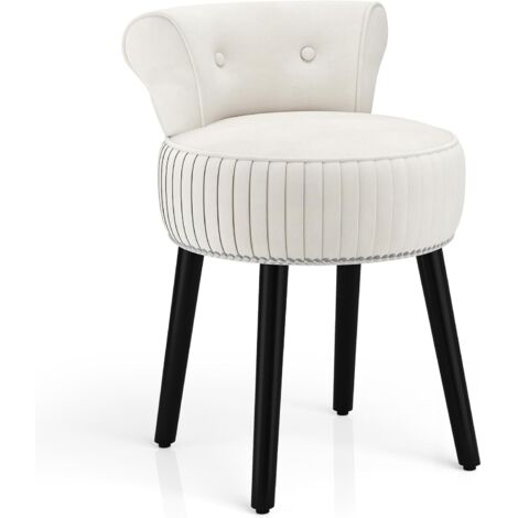 Costway – Tabouret coiffeuse en velours beige – Dossier bas capitonné – Pieds en bois d'hévéa – Patins réglables – Dimensions 48x46x66 cm