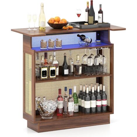 COSTWAY Table de Bar avec Éclairage LED RGB, Meuble Bar Salon en Rotin, Étagères 3 Niveaux, 3 Supports pour Verres à Pied, Table Haute pour Cuisine, Pub, Maison, Salle à Manger, Marron + Naturel (1/5)