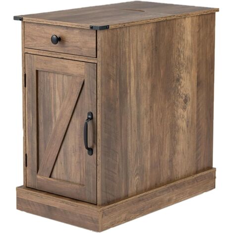 COSTWAY Table d'appoint, table de chevet avec station de recharge, petite table avec plateau rabattable, tiroir, plateau amovible et armoire, table basse avec tablette réglable pour salon (marron)