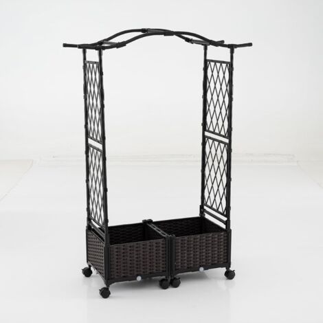 COSTWAY Jardinière avec 2 Treillis Latéraux Toit Suspendu, Lit de Jardin Surélevé à Arrosage Automatique en Rotin avec roulettes Verrouillables, pour Plantes Grimpantes Légumes (Marron) (1/5)