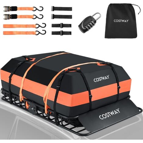 COSTWAY Porte-Bagages avec Coffrepour Voiture Charge 90 KG, Panier de Toit en Métal 130 x 91 x 17 CM avec Sac de 425 L et Sangles, Galerie de Toit Support de Garde-Corps pour SUV, Camionnette