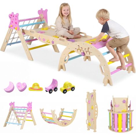 COSTWAY 8 en 1 Triangle descalade Enfant Pliable sur Thème Licorne avec Rampe & Échelle de Corde, Arche descalade Montessori en Bois avec 6 Blocs & Labyrinthe, Aire de Jeux Intérieur pour 1 an+