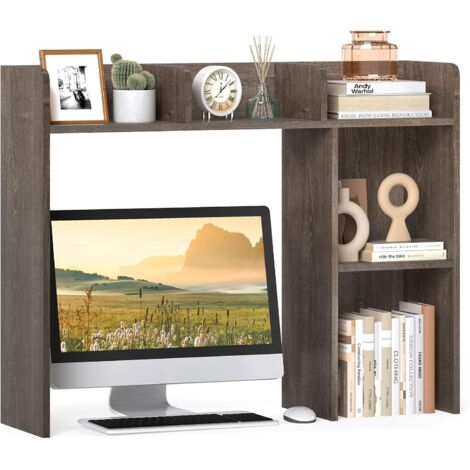 COSTWAY Bibliothèque, Étagere à Poser sur Meuble avec 5 Compartiments pour Écran 27", Bibliothèque sur Bureau avec 2 Kits Anti-basculement, 94 x 25 x 74 cm (Gris Vieilli) (1/5)