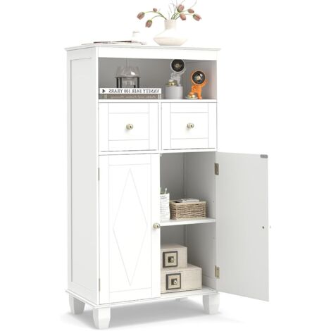 COSTWAY Meuble Salle de Bain, Meuble de Rangement avec 2 Tiroirs et Placard à 2 Portes, Compartiment Ouvert, Étagère Réglable, Commode de Toilette sur Pied pour Salon, Entrée, Couloir (Blanc) (1/4)