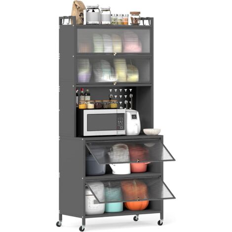 COSTWAY Meuble Cuisine Rangement 6 Niveaux, Etagere Rangement Cuisine en Fer, Portes Battantes, Panneau Perforé, 10 Crochets, Armoire à Roulette, Support Micro-Ondes (80 x 40 x 182 cm,Gris)