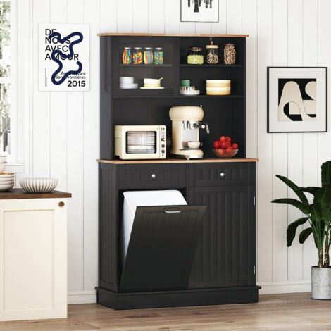 COSTWAY Buffet de Cuisine 2 Tiroirs, Meuble Cuisine avec Plan de Travail en Caoutchouc, Placard Basculant 38 L, Meuble Poubelle Rangement 172 cm, Armoire Vaisselier (Noir) (1/5)