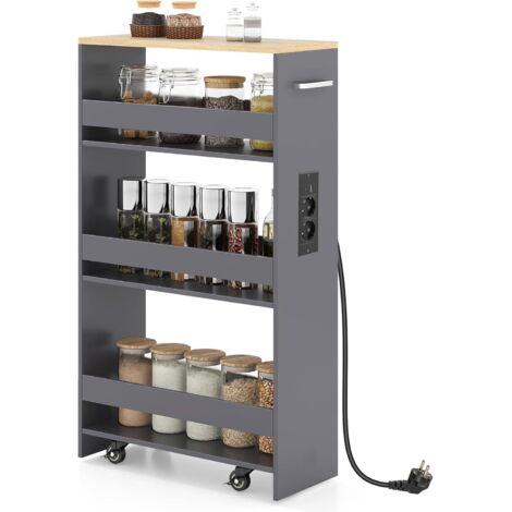 Costway – Chariot de rangement étroit 20 cm – Desserte de cuisine à 4 niveaux avec station de recharge – 4 roulettes avec frein – Bois et métal (Gris + Naturel) (1/5)