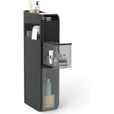 COSTWAY Meuble Salle de Bain Étroit, Armoire de Rangement à roulettes, Tiroirs Transparents Profonds, Étagère Supérieure, Porte-Papier de Toilette, Organisateur pour Cuisine, Salon (Noir) (1/5)