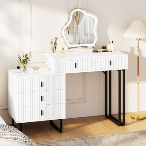 COSTWAY Coiffeuse avec Miroir LED, 3 Modes d'Éclairage, Luminosité Réglable, Bureau Coiffeuse, 5 Tiroirs, Patins Réglables, Dispositifs Anti-Basculement, Table de Maquillage, 120 x 40 x 124 cm (1/5)