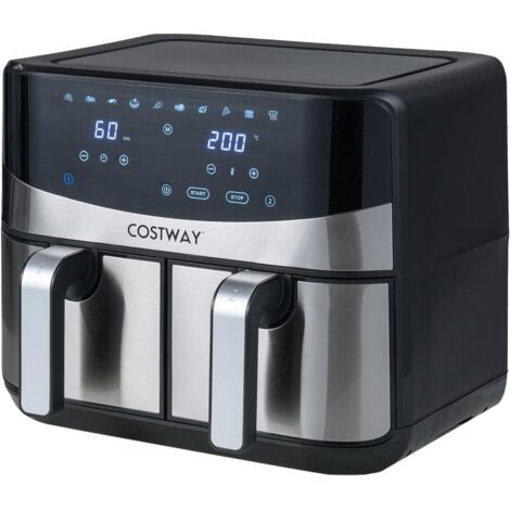 COSTWAY Air Fryer Double Panier 8L, Friteuse avec 2 Tiroirs, 10 Programmes, Combinaison Synchronisée, Écran Tactile Numérique, Air Chaud à 360°, 2100 W, Lavable au Lave-vaisselle, Noir + Argent