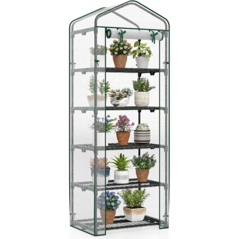 COSTWAY Serre de Jardin avec 5 Étagères, Mini Serre Extérieur avec Housse en PE Porte Enroulable Cadre en Métal Électro-Couvert Antirouille, pour Tomates Plantes, 69 x 48 x 190 cm