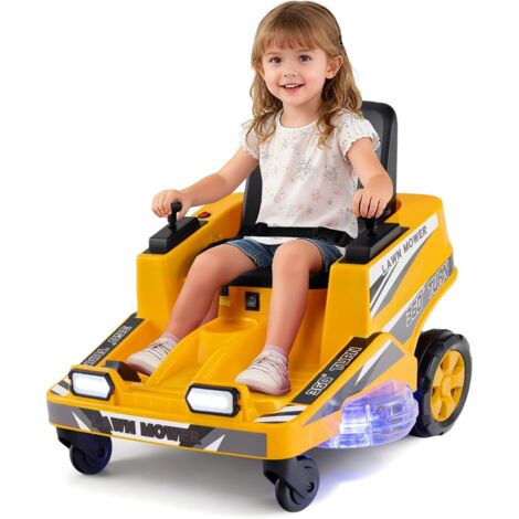 COSTWAY 12V Voiture Électrique Enfants avec Fonction de Tonte, Tondeuse Autoportée Électrique Enfant avec Lumières LED, Rotation à 360°, 2,8 km/h, Charge 35 kg pour 3-8 Ans (Jaune)