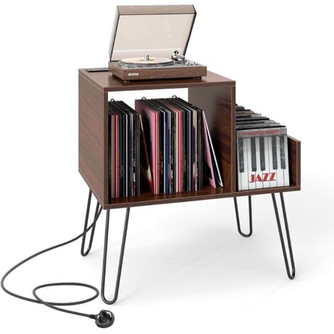 COSTWAY Support Tourne-Disque avec Prise, Meuble Tourne-Disque Vinyle pour 145 Albums, Station de Charge, 2 Ports USB, 4 Pieds Amovibles, 3 Séparateurs, Étagère sur Table(Noyer) (1/5)