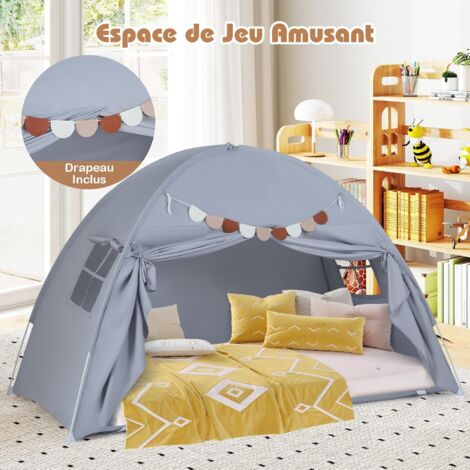 Tente De Lit Et Cabane Jeu Pliable – Tissu Brossé, Fenêtres, Porte Spacieuse – Pour Lit 200x100 Cm – Décoration Tipi Beige, Lavable En Machine – Dès 3 Ans