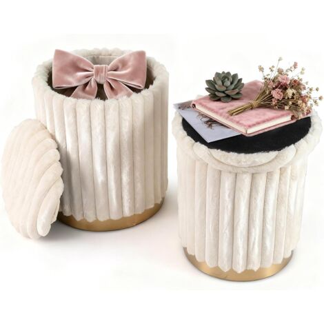COSTWAY Lot de 2 Pouf Rangement Rond Empilable 32L + 21L, Couvercles Amovibles, Tabouret Coiffeuse en Poils de Lapin, Patins Antidérapant, Tabouret Rangement pour Chambre Salon, Charge 150 kg (1/5)
