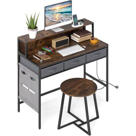 COSTWAY Bureau dOrdinateur avec Étagère et Tabouret, Petit Bureau Informatique avec 3 Tiroirs de Rangement et Poche Latérale, Coiffeuse, Idéal pour Bureau à Domicile, Chambre, Salon (Brun Rustique) (1/4)