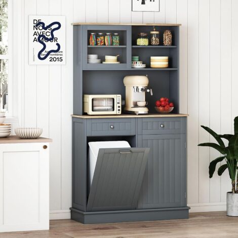 Costway – Buffet de cuisine 2 tiroirs – Meuble avec plan de travail en bois d'hévéa 100 cm – Armoire à poubelle inclinable 38 L – Dimensions 100 x 34 x 172 cm