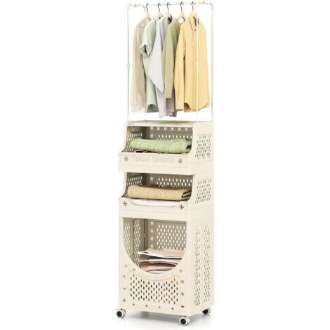 COSTWAY Panier Linge Pliable 4 Niveaux avec Cintre, Bac Linge Sale Plastique a roulettes Verrouillables, 21L+21L+40L, 8 Crochets Amovibles, pour Buanderie, Salle de Bain, Chambre (21L+21L+40L,Pro) (1/5)