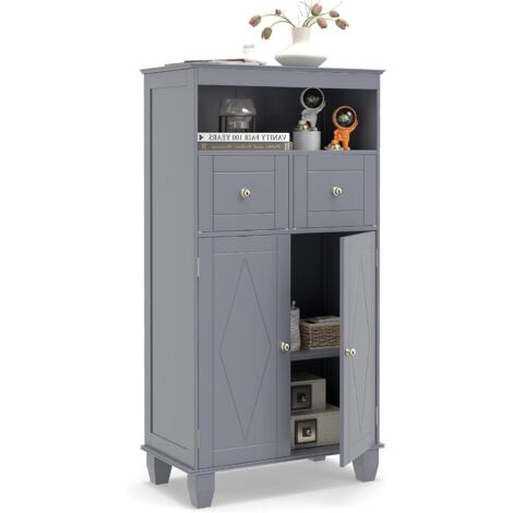 COSTWAY Meuble Salle de Bain, Meuble de Rangement avec 2 Tiroirs et Placard à 2 Portes, Compartiment Ouvert, Étagère Réglable, Commode de Toilette sur Pied pour Salon, Entrée, Couloir (Gris) (1/4)