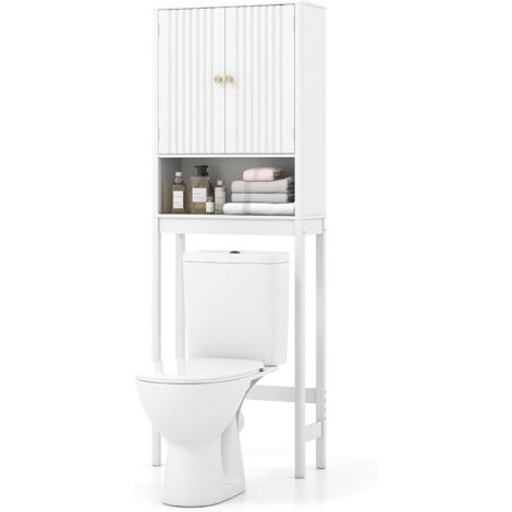 COSTWAY Meuble Toilette, Étagère WC, Portes Cannelées, Compartiments Ouverts, Étagère Réglable, Barre Inférieure, Meuble WC Rangement Gain de Place, pour Salle de Bain, 23 x 60 x 168 cm (Blanc)