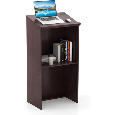 COSTWAY Podium Debout en Bois, Pupitre 117 cm, Surface Inclinée avec Rebord, Lutrin avec Étagère de Rangement et Trous pour Câbles, pour Église, Bureau, École, Séminaire (Brun) (1/5)