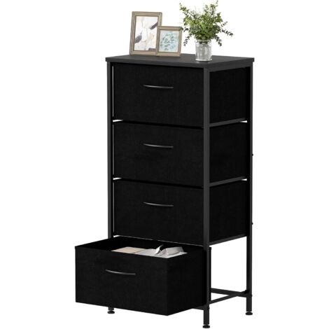 COSTWAY Commode 4 Tiroirs, Commode Chambre Etroite en Tissu, Dessus en Bois, Poignée, Cadre Métallique Robuste, Petit Meuble de Rangement, Chiffonier pour Chambre, Entrée, Salon (Noir)