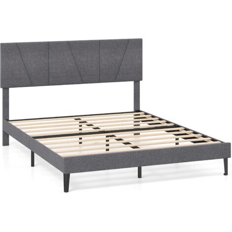 COSTWAY Cadre de Lit 2 Personnes avec Sommier, Tête de Lit Double Rembourré 140 x 200 cm, Réglable en Hauteur, Lattes en Bois, Montage Facile, Silencieux, Gris Foncé (207 x 165 x 95-110 cm) (1/5)